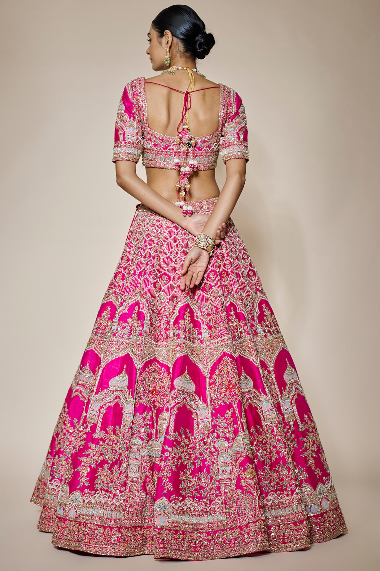Rani Pink Organza Multicolour Thread And Mirror Hand Embroidered Lehenga Set