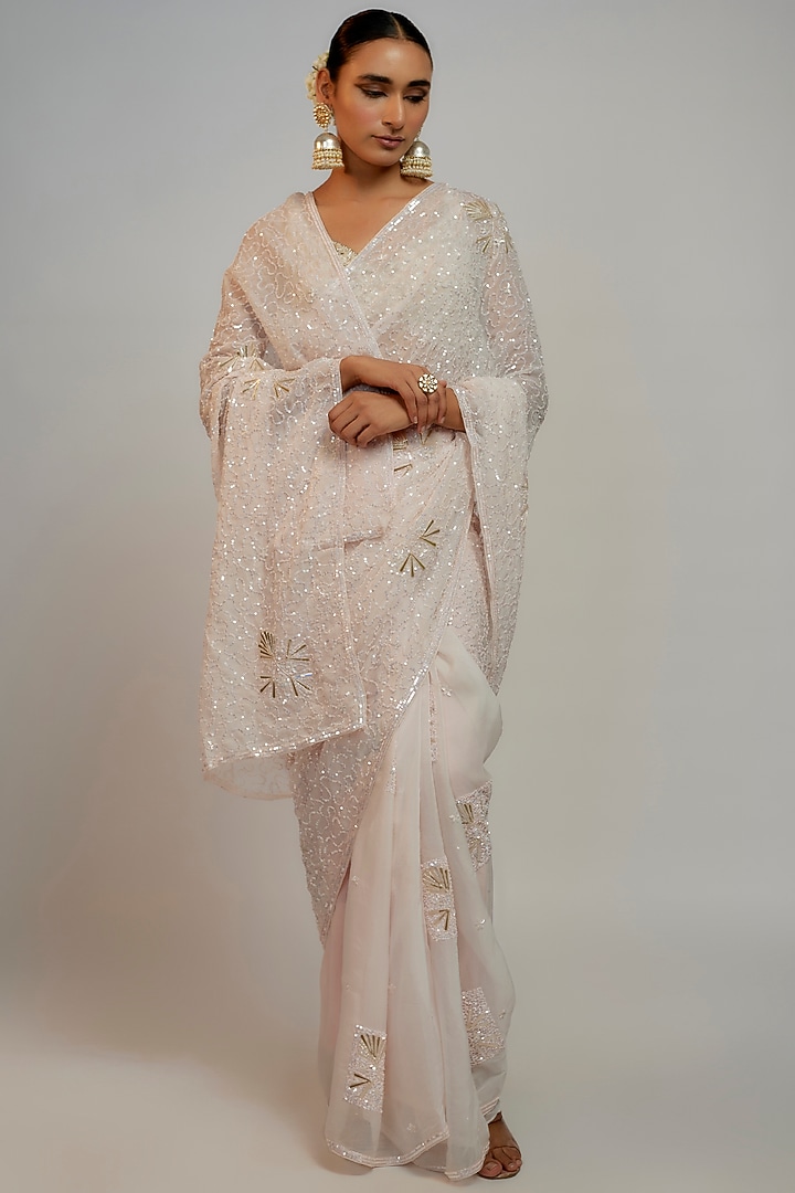 Pink Organza Sequins Embroidered Wedding Saree Set by Kalighata at Pernia's Pop Up Shop