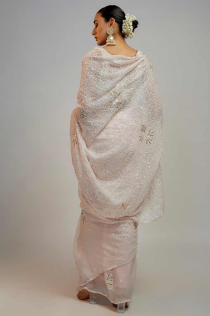 Pink Organza Sequins Embroidered Wedding Saree Set by Kalighata at Pernia's Pop Up Shop