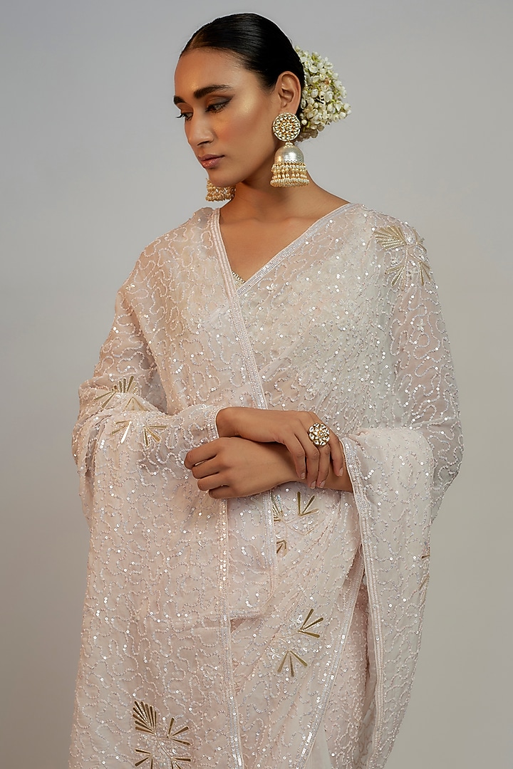 Pink Organza Sequins Embroidered Wedding Saree Set by Kalighata at Pernia's Pop Up Shop