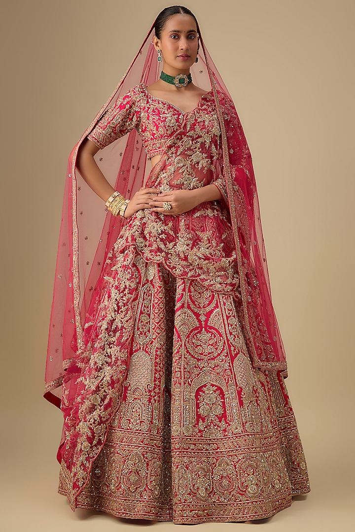 Rani Pink Raw Silk Hand & Machine Embroidered Bridal Lehenga Set by Kalighata at Pernia's Pop Up Shop