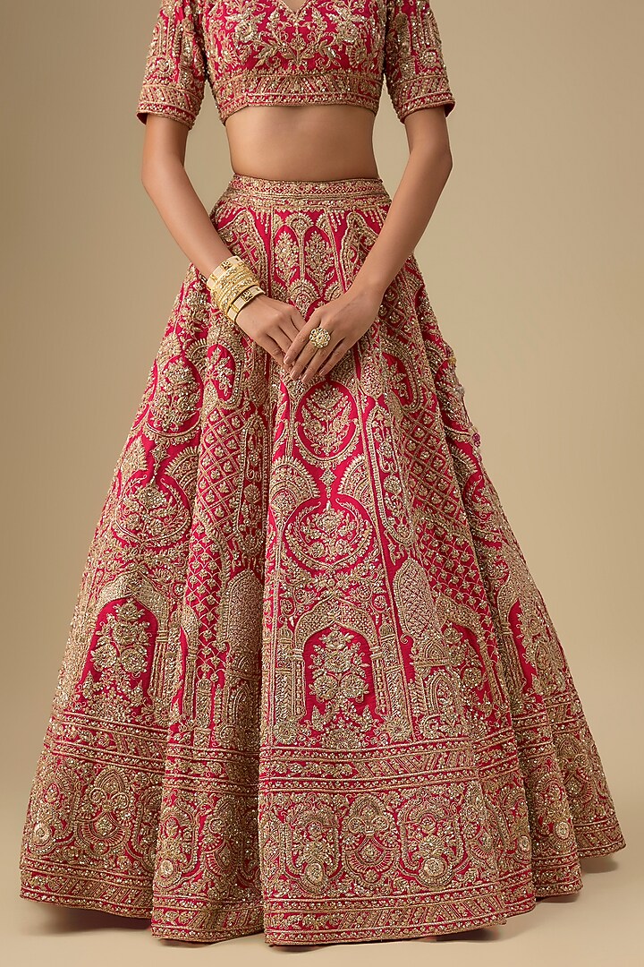 Rani Pink Raw Silk Hand & Machine Embroidered Bridal Lehenga Set by Kalighata at Pernia's Pop Up Shop