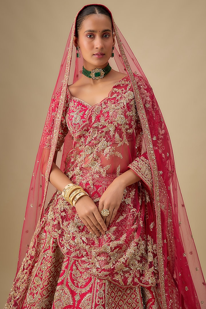Rani Pink Raw Silk Hand & Machine Embroidered Bridal Lehenga Set by Kalighata at Pernia's Pop Up Shop