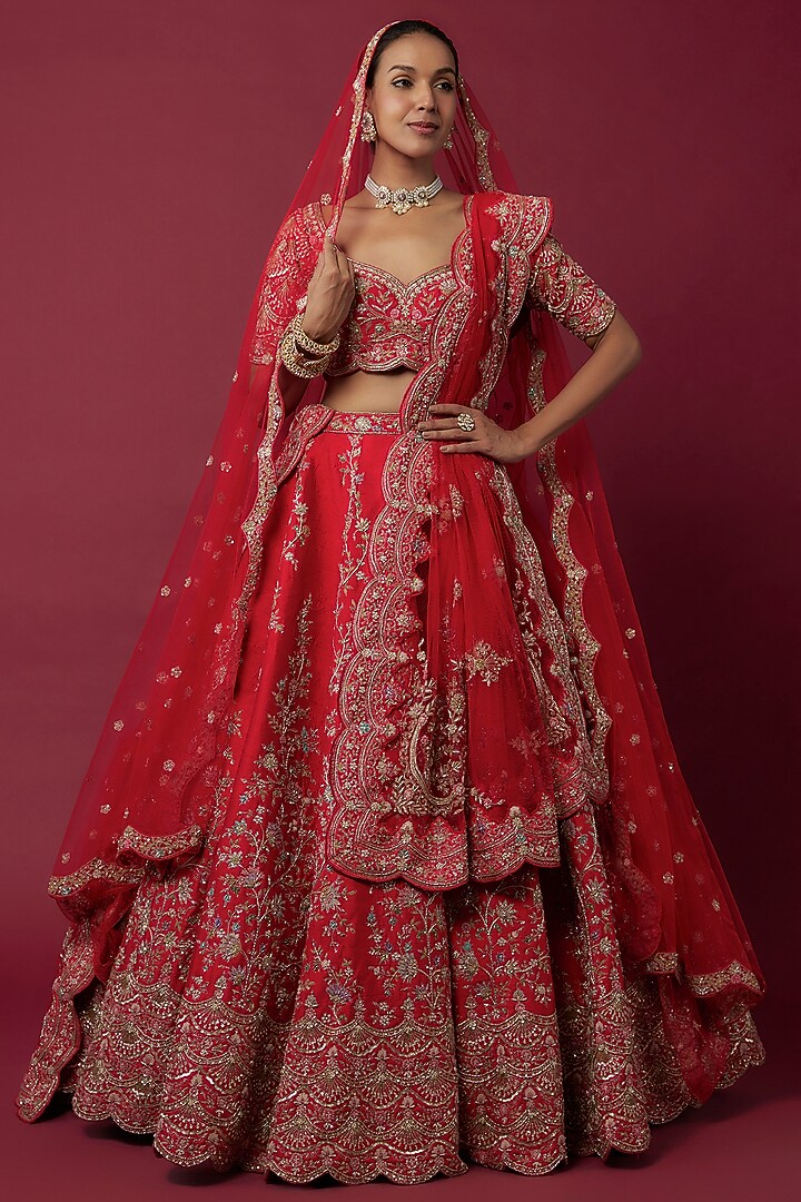 Red Raw Silk Embroidered Lehenga Set main image 0