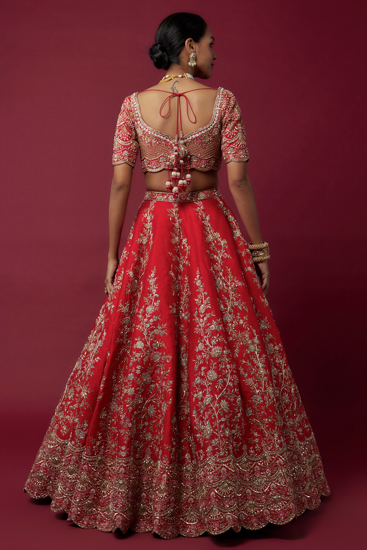 Red Raw Silk Embroidered Lehenga Set