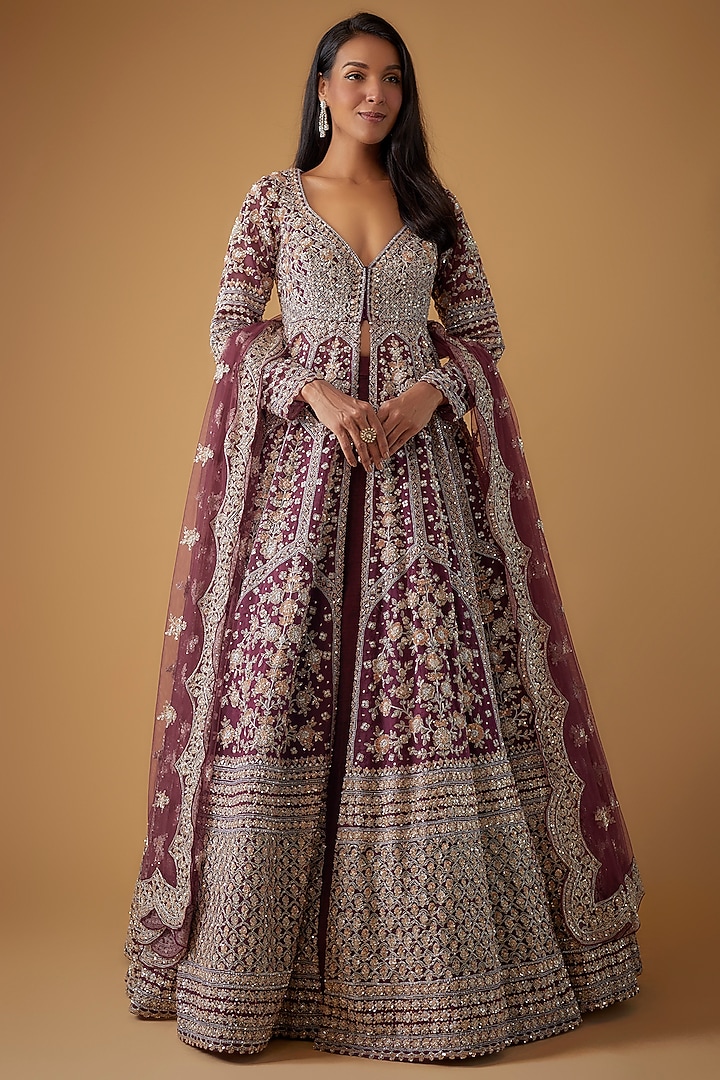 Purple Organza Hand Embroidered Jacket Bridal Lehenga Set by Kalighata at Pernia's Pop Up Shop
