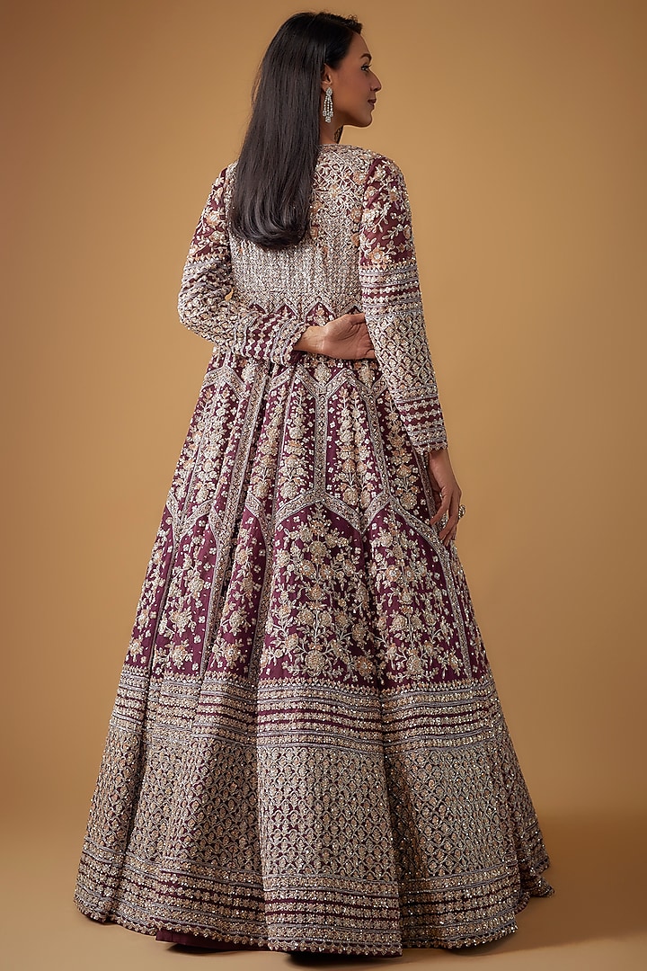 Purple Organza Hand Embroidered Jacket Bridal Lehenga Set by Kalighata at Pernia's Pop Up Shop