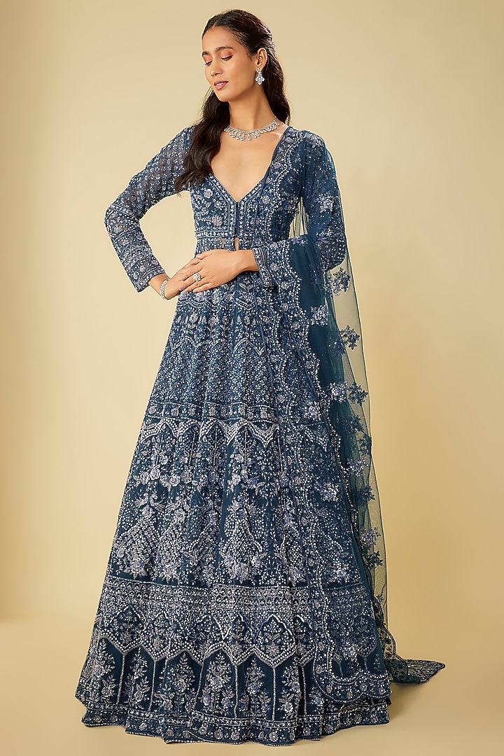 Navy Net Bridal Anarkali Set by Kalighata at Pernia's Pop Up Shop