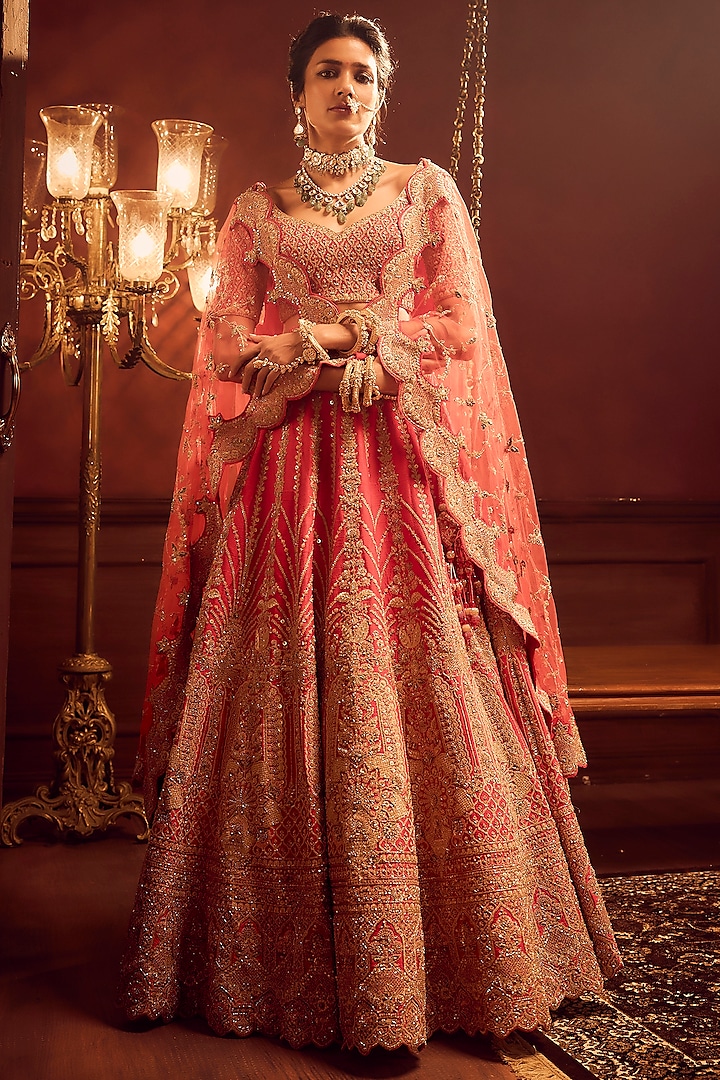 Rani Pink Raw Silk Hand & Machine Embroidered Bridal Lehenga Set by Kalighata at Pernia's Pop Up Shop