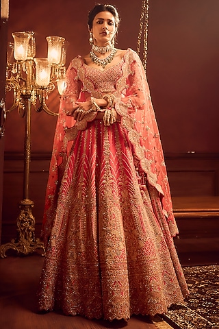 Rani Pink Raw Silk Hand & Machine Embroidered Lehenga Set by Kalighata