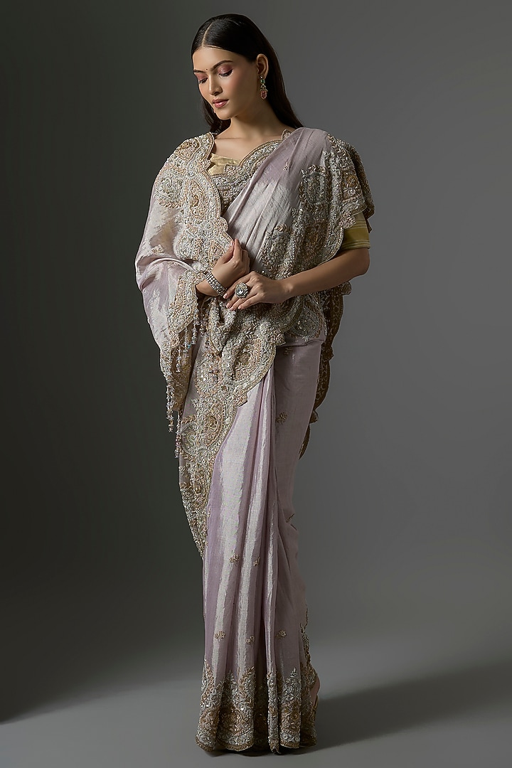 Grey Tissue Embroidered Bridal Saree Set by Kalighata at Pernia's Pop Up Shop