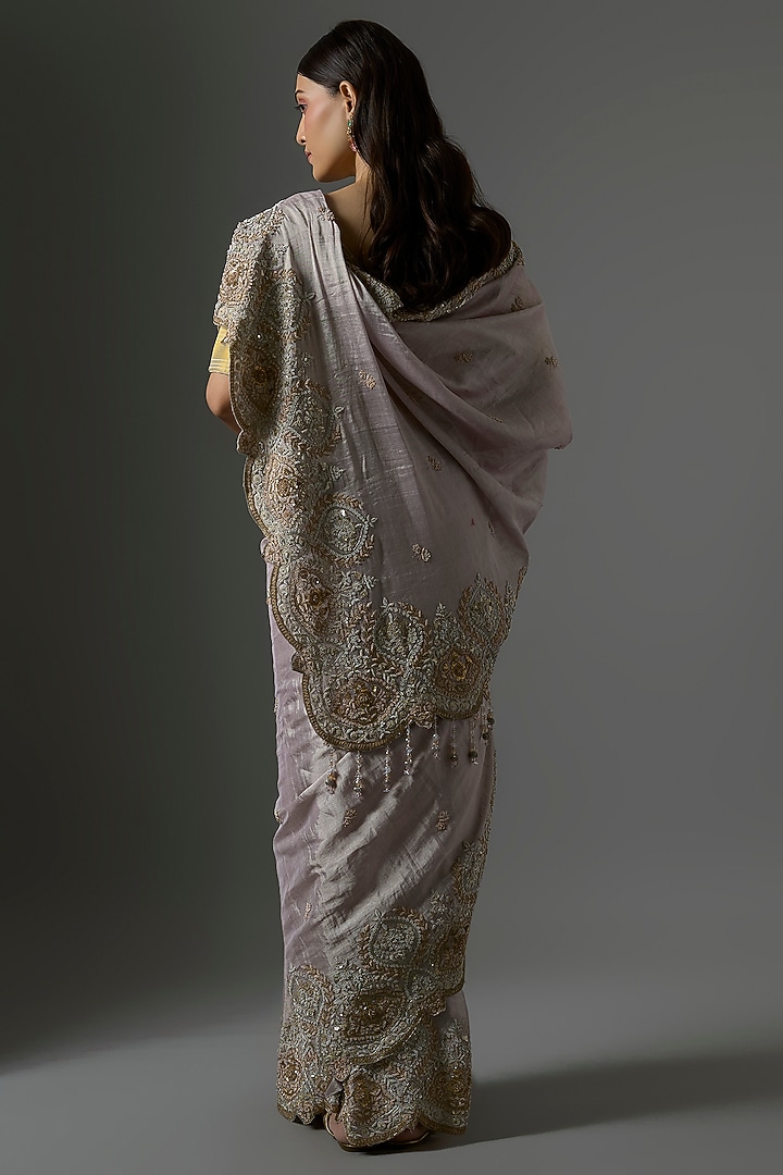 Grey Tissue Embroidered Bridal Saree Set by Kalighata at Pernia's Pop Up Shop