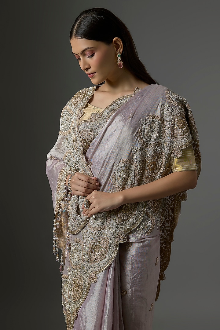 Grey Tissue Embroidered Bridal Saree Set by Kalighata at Pernia's Pop Up Shop
