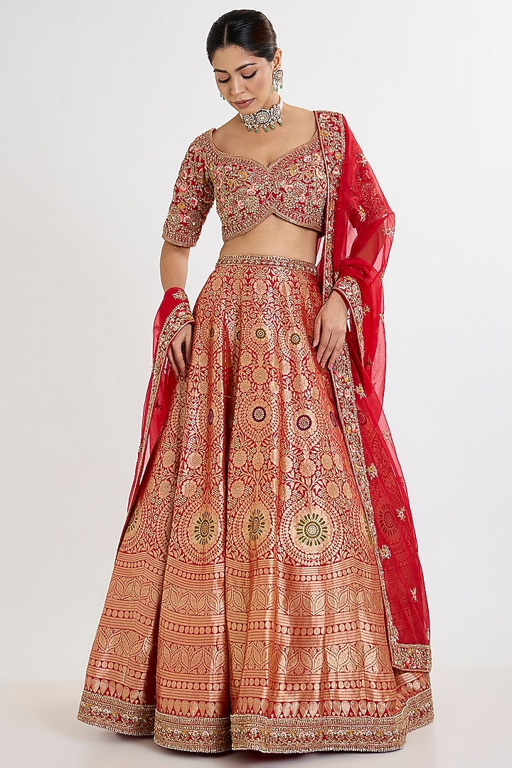 Red Banarasi Silk Zardosi Embroidered Bridal Lehenga Set by Kalighata at Pernia's Pop Up Shop