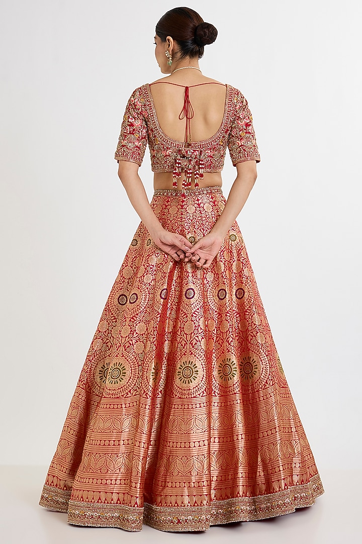Red Banarasi Silk Zardosi Embroidered Bridal Lehenga Set by Kalighata at Pernia's Pop Up Shop