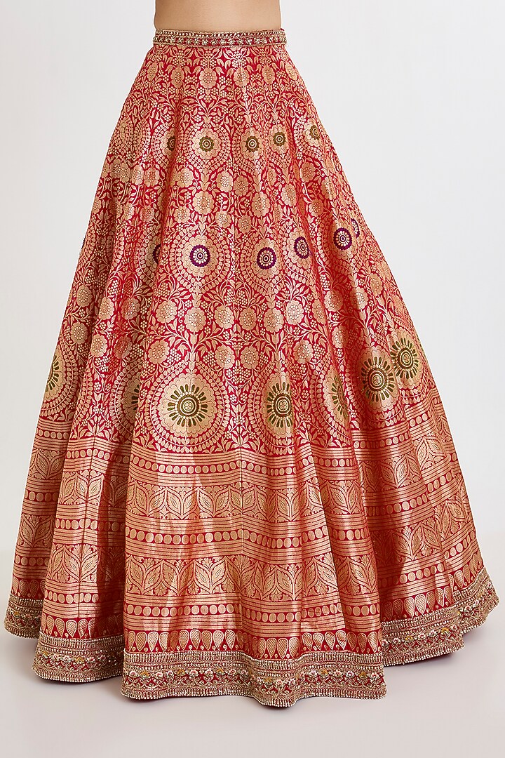 Red Banarasi Silk Zardosi Embroidered Bridal Lehenga Set by Kalighata at Pernia's Pop Up Shop