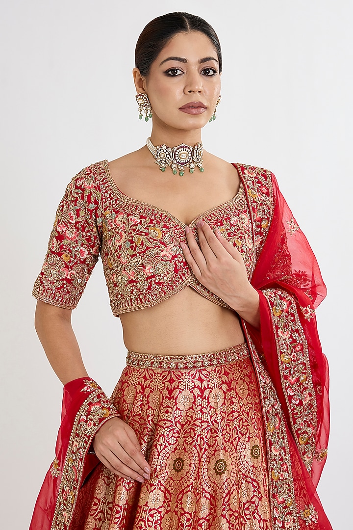 Red Banarasi Silk Zardosi Embroidered Bridal Lehenga Set by Kalighata at Pernia's Pop Up Shop
