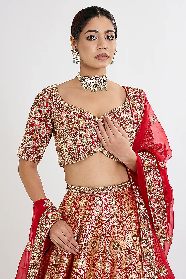 Maroon Banarasi Silk Zardosi Embroidered Bridal Lehenga Set by Kalighata at Pernia's Pop Up Shop