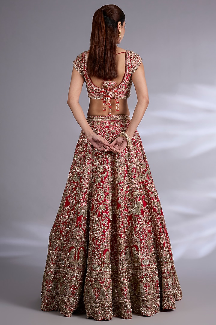 Red Raw Silk Bridal Lehenga Set by Kalighata at Pernia's Pop Up Shop