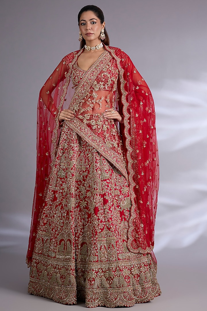 Red Raw Silk Bridal Lehenga Set by Kalighata at Pernia's Pop Up Shop