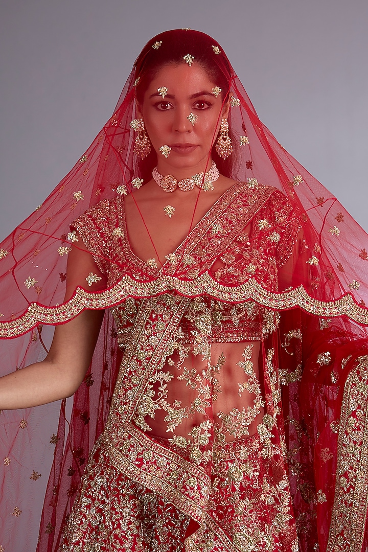 Red Raw Silk Bridal Lehenga Set by Kalighata at Pernia's Pop Up Shop