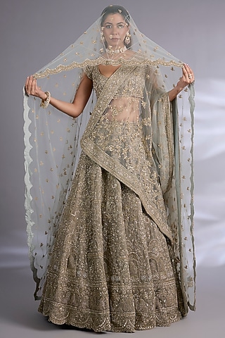 Turquoise Velvet Lehenga Set by Kalighata