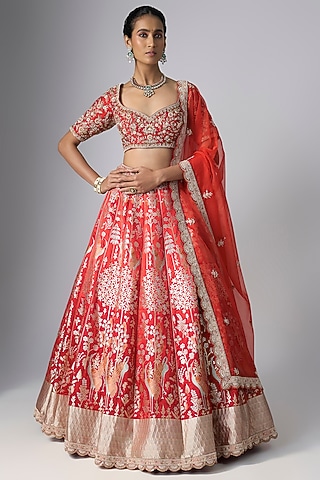 Red Banarasi Lehenga Set by Kalighata