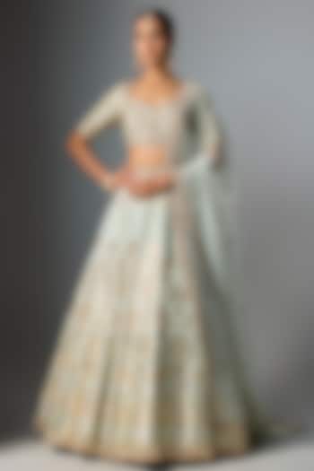 Aqua Banarasi Embroidered Bridal Lehenga Set by Kalighata at Pernia's Pop Up Shop