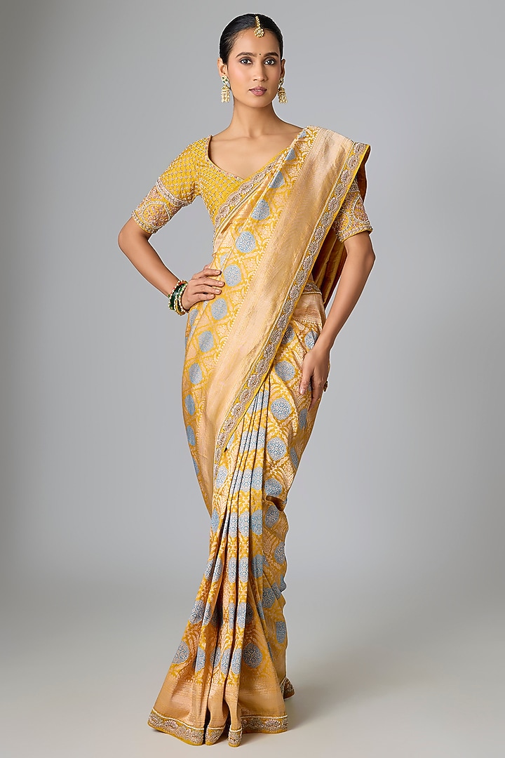 Yellow Banarasi Reception Saree Set by Kalighata at Pernia's Pop Up Shop