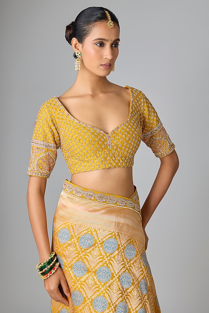 Yellow Banarasi Bridal Saree Set by Kalighata at Pernia's Pop Up Shop