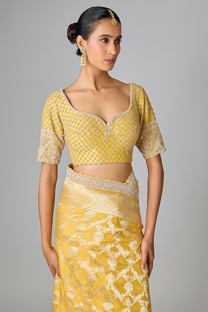 Yellow Banarasi Bridal Saree Set by Kalighata at Pernia's Pop Up Shop