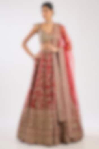 Red Raw Silk Zari Hand & Machine Embroidered Bridal Lehenga Set by Kalighata at Pernia's Pop Up Shop