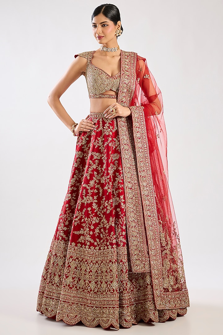 Red Raw Silk Zari Hand & Machine Embroidered Bridal Lehenga Set by Kalighata at Pernia's Pop Up Shop