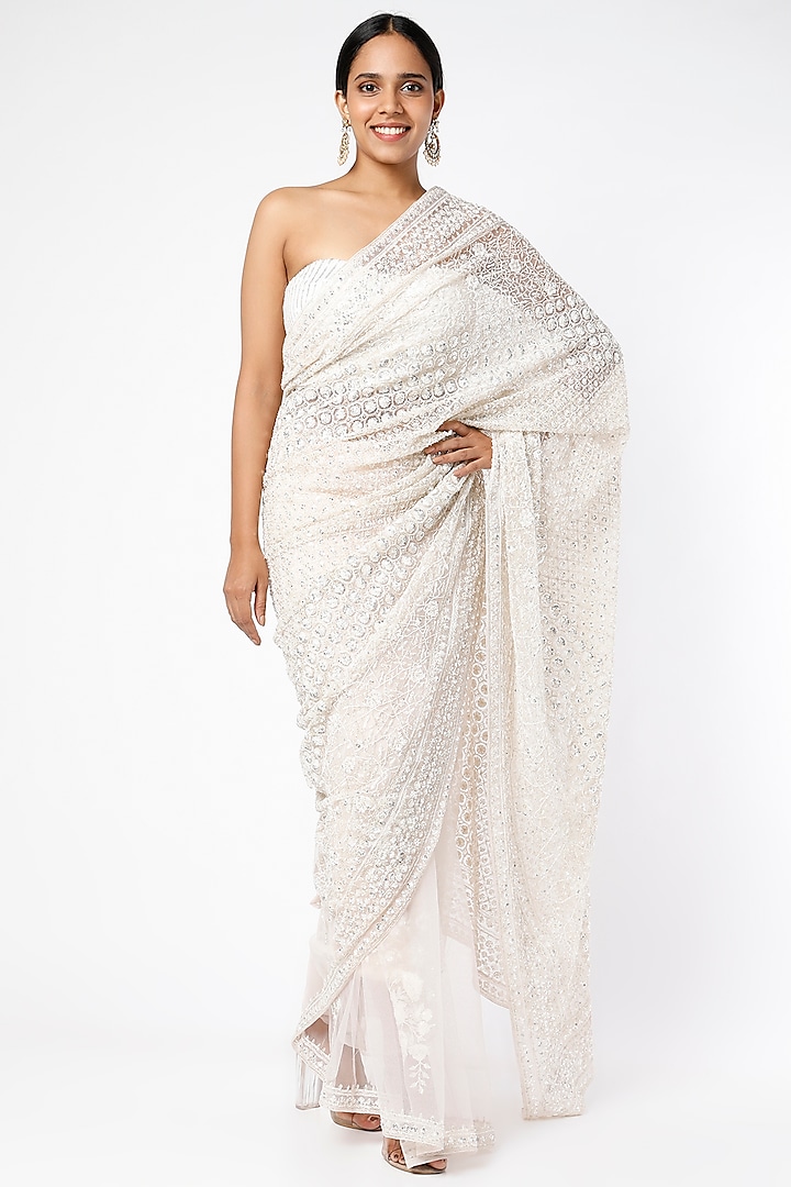 White Sequins Hand Embroidered Saree Set by Kalighata