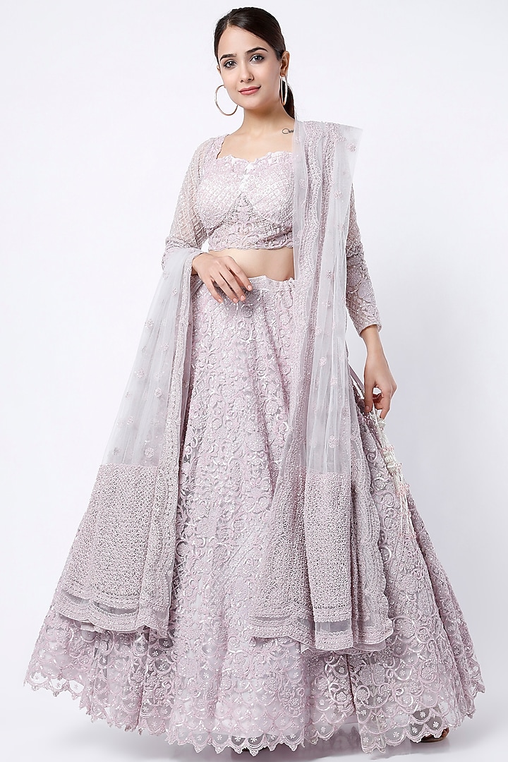 Mauve Hand Embellished Lehenga Set by Kalighata