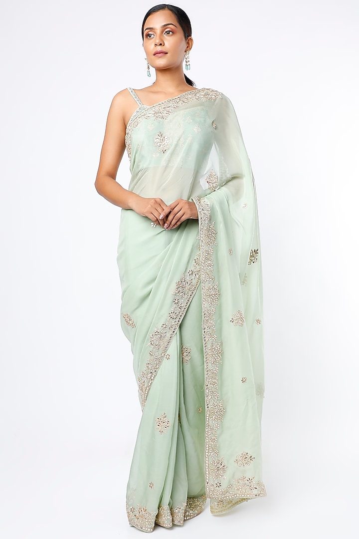Mint Green Gota Patti Embroidered Saree Set by Kalighata