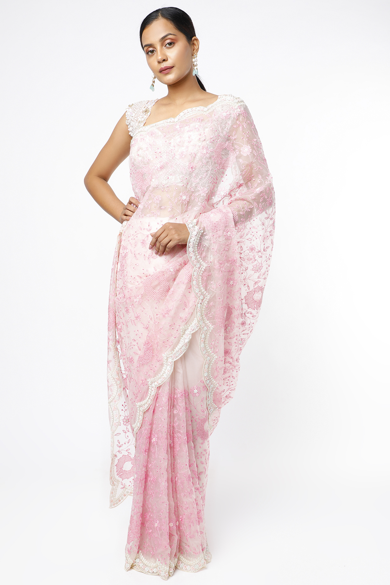 Blush Pink Sequins Embroidered Party Wear Saree Set by Kalighata at Pernia's Pop Up Shop