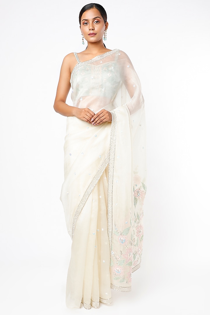 Ivory Pearls Embroidered Saree Set by Kalighata