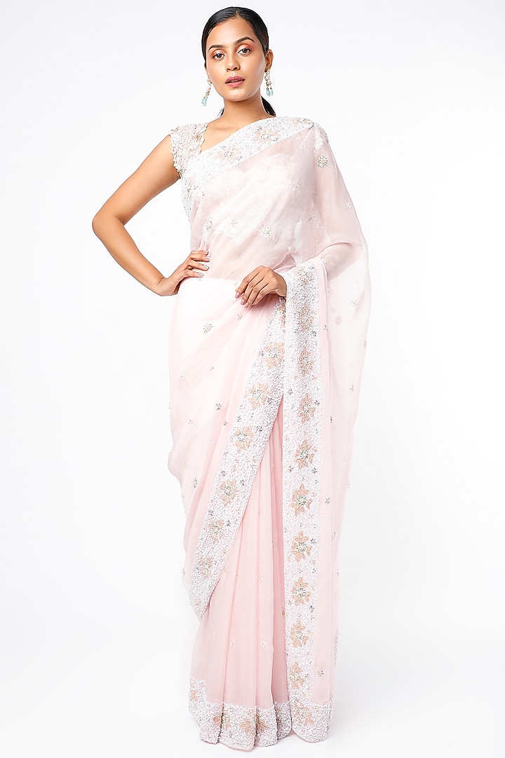 Powder Pink Embroidered Saree Set by Kalighata