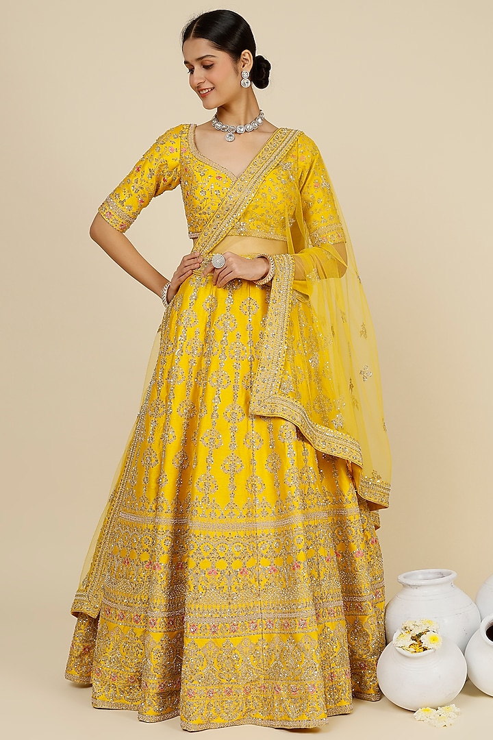 Yellow Silk Embellished Bhavna Wedding Lehenga Set by Kalighata at Pernia's Pop Up Shop