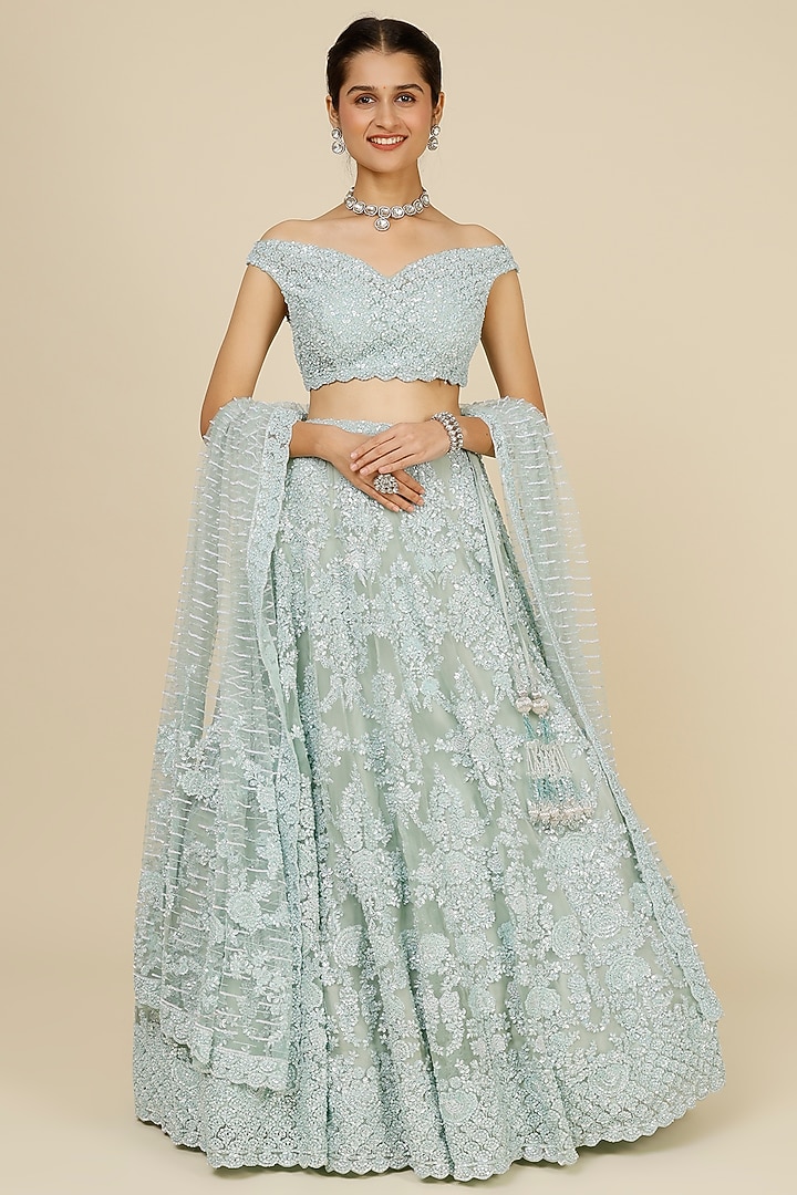 Aqua Embellished Zoya Bridal Lehenga Set by Kalighata at Pernia's Pop Up Shop