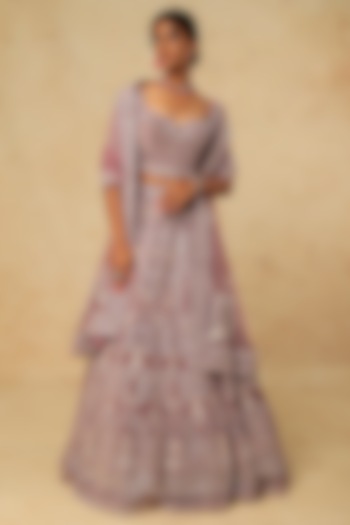 Mauve Velvet Embroidered Bridal Lehenga Set by Kalighata at Pernia's Pop Up Shop