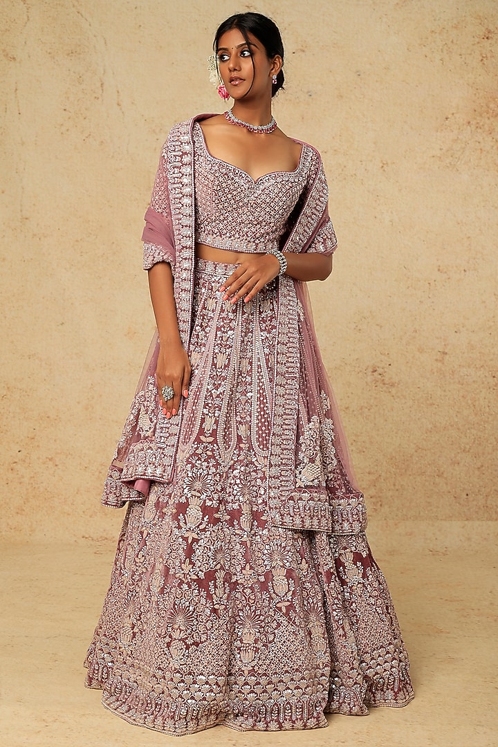 Mauve Velvet Embroidered Bridal Lehenga Set by Kalighata at Pernia's Pop Up Shop