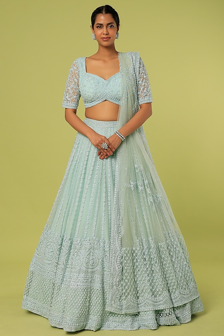 Aqua Blue Embroidered Bridal Lehenga Set by Kalighata at Pernia's Pop Up Shop