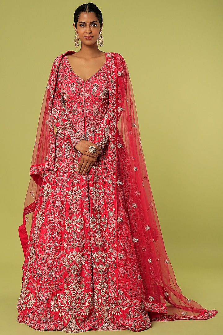 Hot Pink Zardosi Embroidered Trishul Jacket Lehenga Set by Kalighata