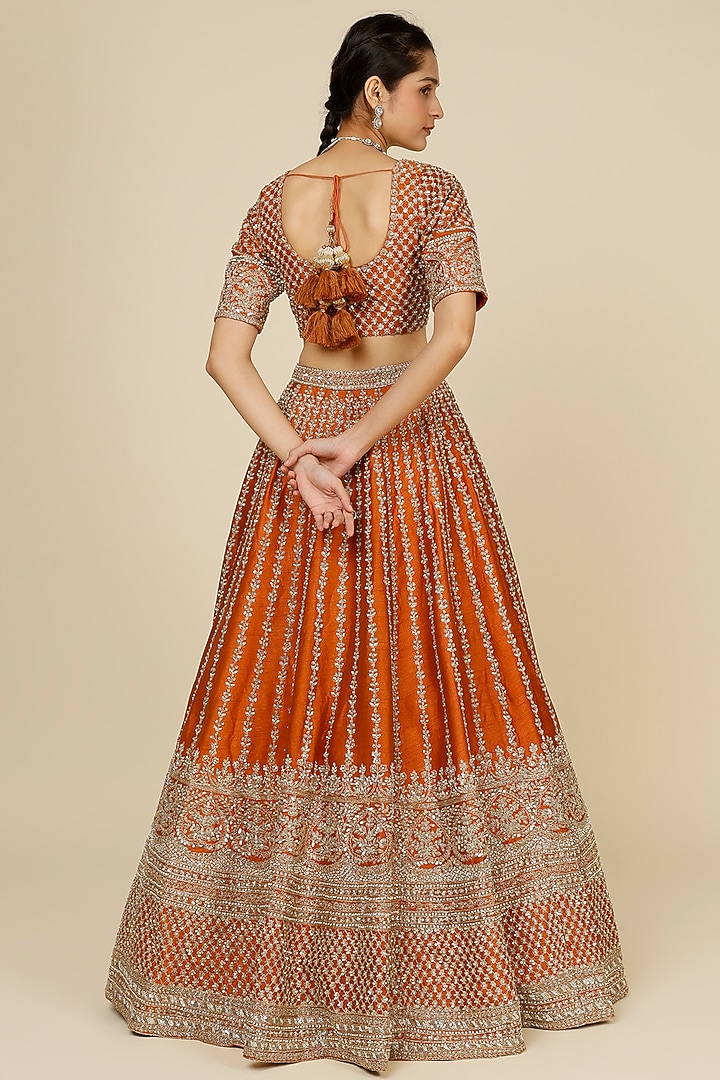 Rust Raw Silk Zardosi Embellished Bridal Lehenga Set by Kalighata at Pernia's Pop Up Shop