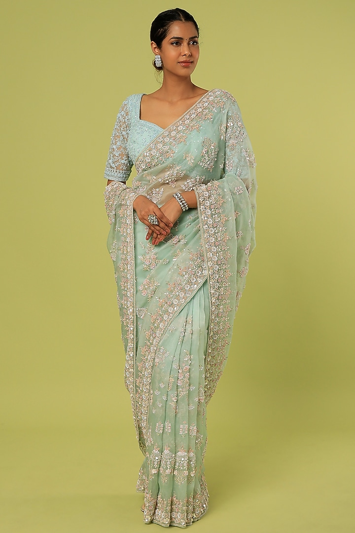 Mint Organza Embellished Reception Saree Set by Kalighata at Pernia's Pop Up Shop