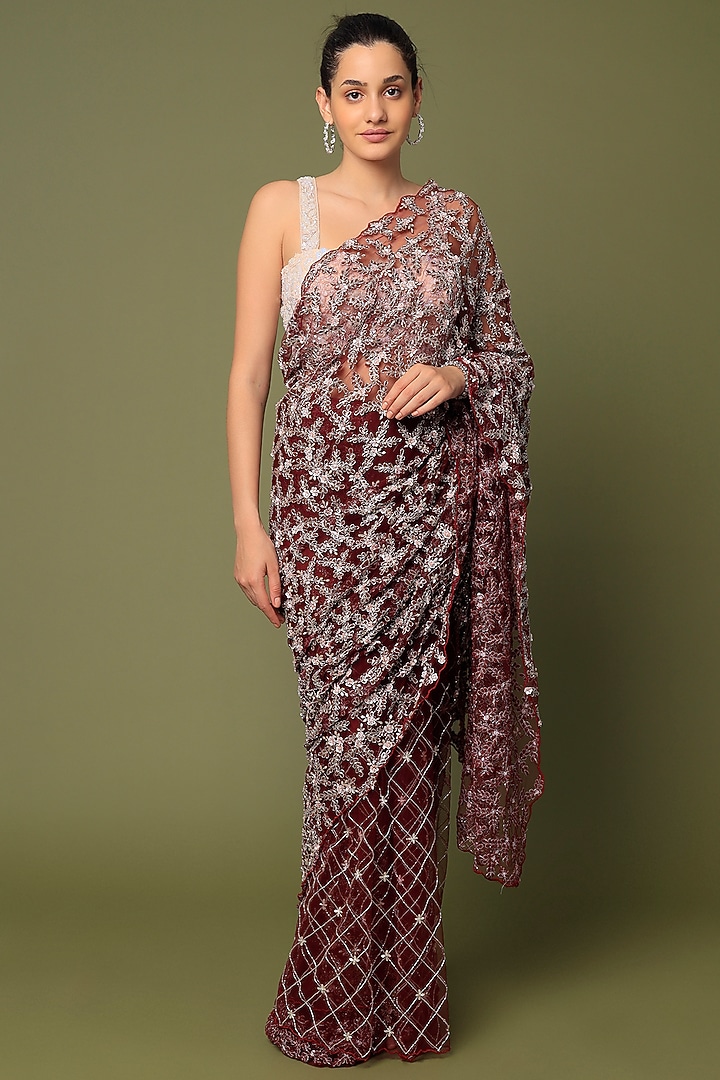 Purple Embroidered Wedding Saree Set by Kalighata at Pernia's Pop Up Shop