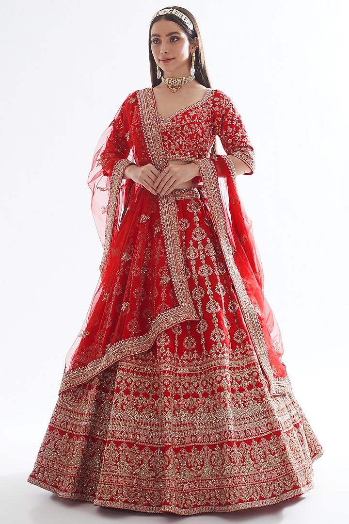 Red Raw Silk Zardosi Embroidered Bhavna Bridal lehenga for 22 Lehenga Set by Kalighata at Pernia's Pop Up Shop