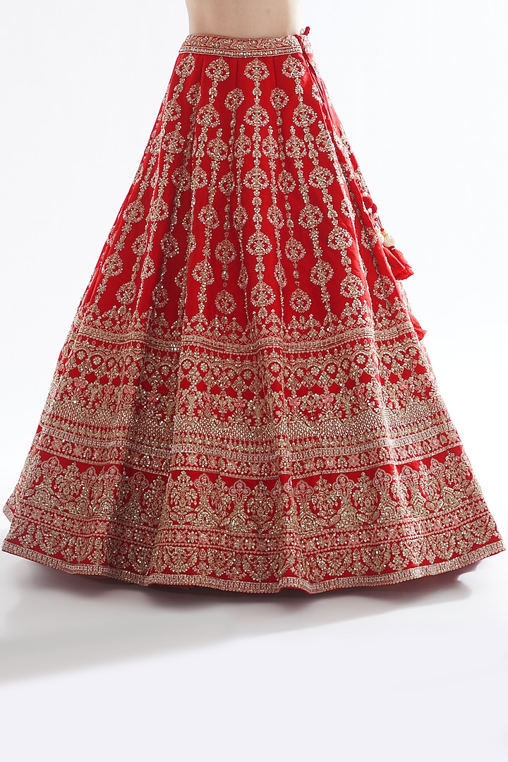 Red Raw Silk Zardosi Embroidered Bhavna Bridal Lehenga Set by Kalighata at Pernia's Pop Up Shop